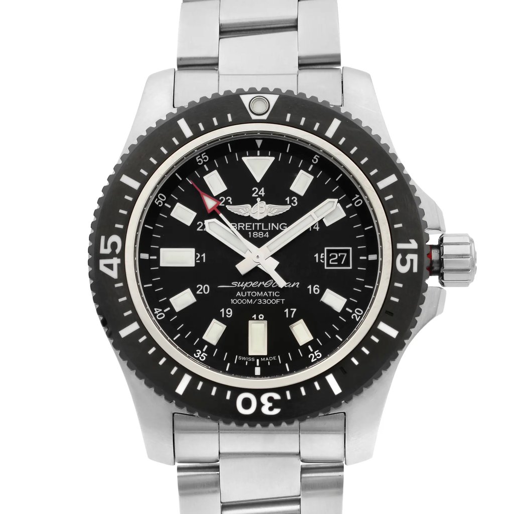 Up Close Front Facing Picture Of Breitling Y17393101B1A1 Stainless Steel Watch Display Model Condition
