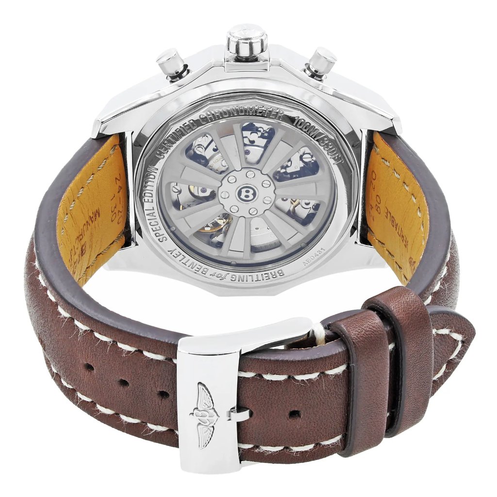 Back View Of {Caseback} Back Case And Closed Leather Band Of Breitling AB043112/G774-443X Watch Display Model Condition
