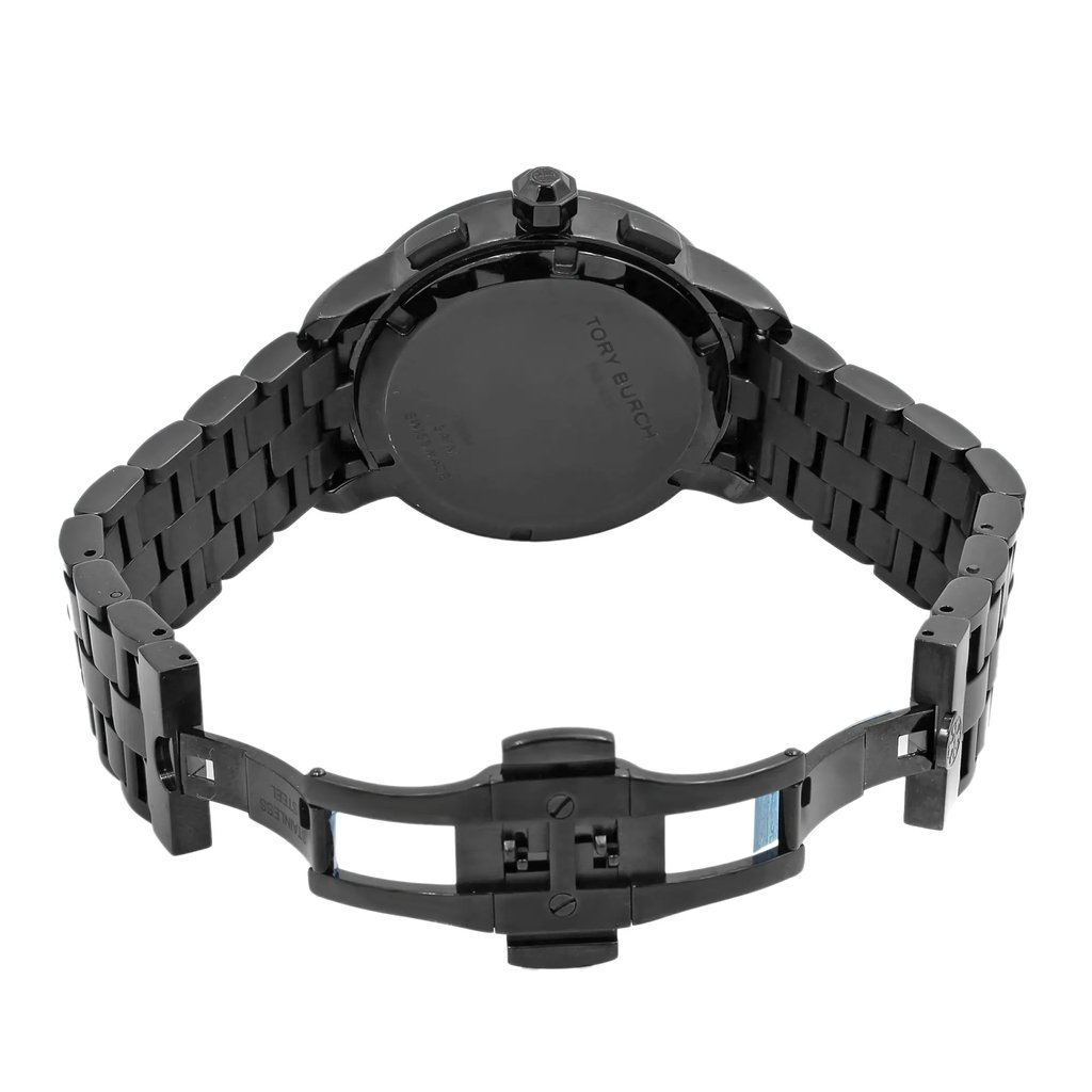 Back View Of Solid Back Case And Open Stainless Steel Band Of Tory Burch TRB1025 Watch Pre Owned Condition