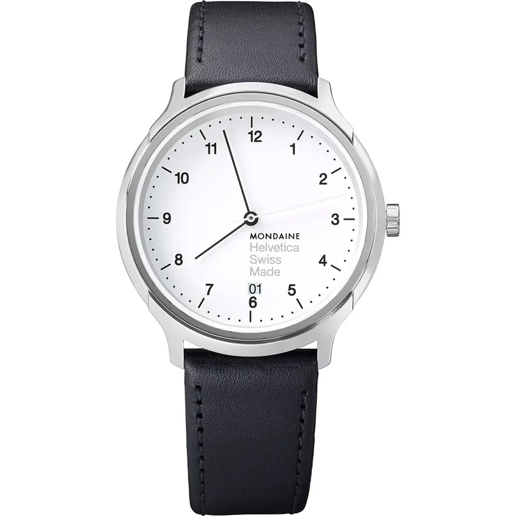 An image of a Wristwatch by Mondaine. This Display Model item is designed for Women, featuring a Casual style. It has a Quartz movement and an Analog display with a White dial color. The indices include 12-Hour Dial,Arabic Numerals. The band is made of Leather and the case is made of Stainless Steel. The watch has a Round shape with a case size of 40 mm and a case thickness of 8 mm.