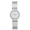 An image of a pre-owned women's Movado wristwatch, shown from a direct front-facing angle at a close distance. The watch features a sleek, metallic bracelet and a round, minimalist face with a single dot at the 12 o'clock position. The bezel is adorned with small, sparkling stones, adding an elegant touch to the design.
