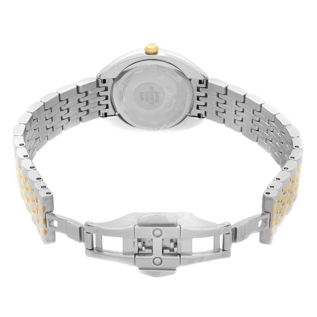 An image of a Bulova women's wristwatch, display model, shown in a back view with an open butterfly clasp. The watch features a round stainless steel case and band. The solid caseback is visible at a slight angle, with the top of the watch slightly tilted away from the viewer, and the clasp is in the foreground. The watch is positioned against a white background, with the entire watch in view, providing a clear perspective of its design and closure mechanism.