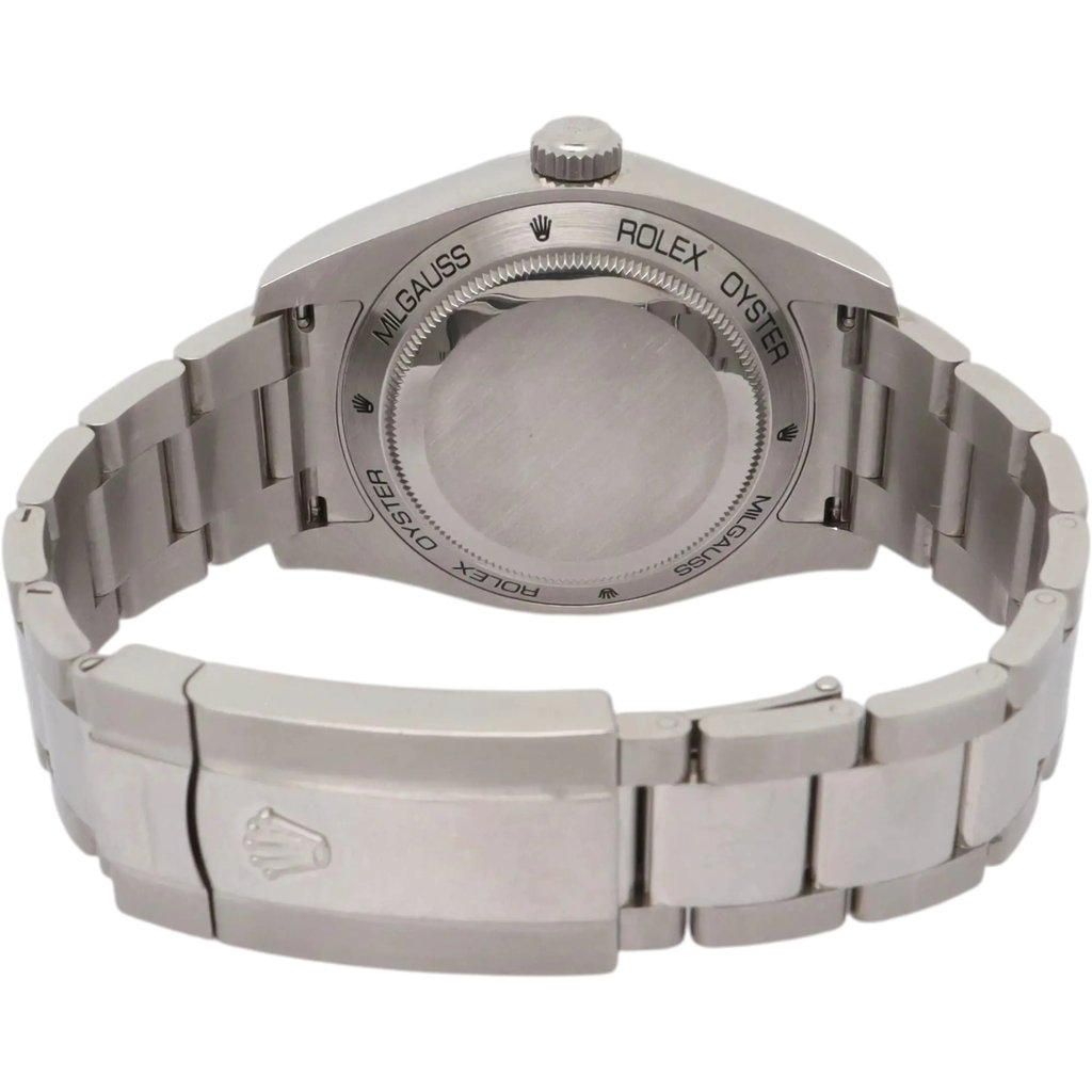 Back View Of Solid Back Case And Closed Stainless Steel Band Of Rolex 116400GV Watch Pre Owned Condition