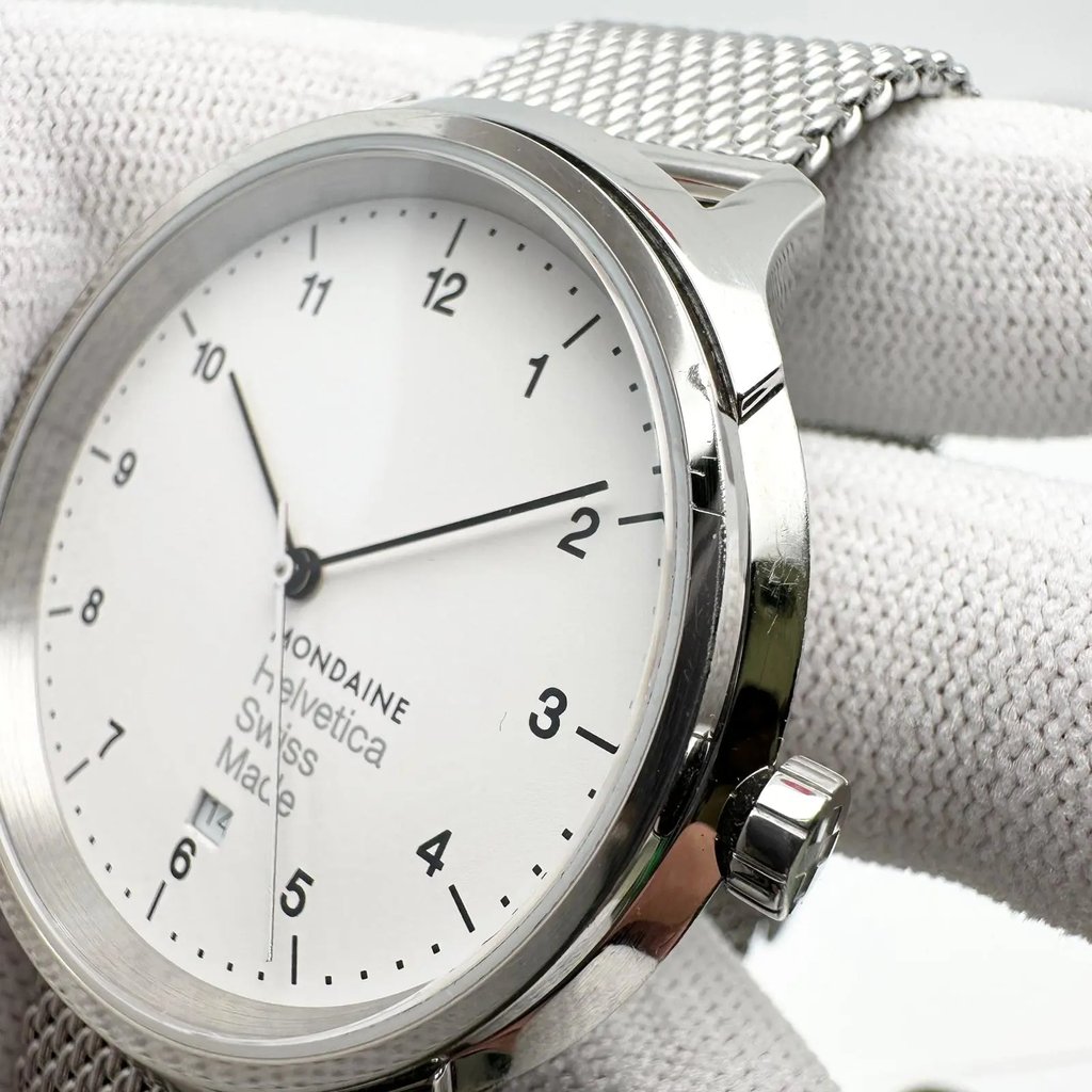 View Of Opposite Crown Facing Side Of Mondaine MH1.R2210.SM Stainless Steel Watch New With Defects Condition