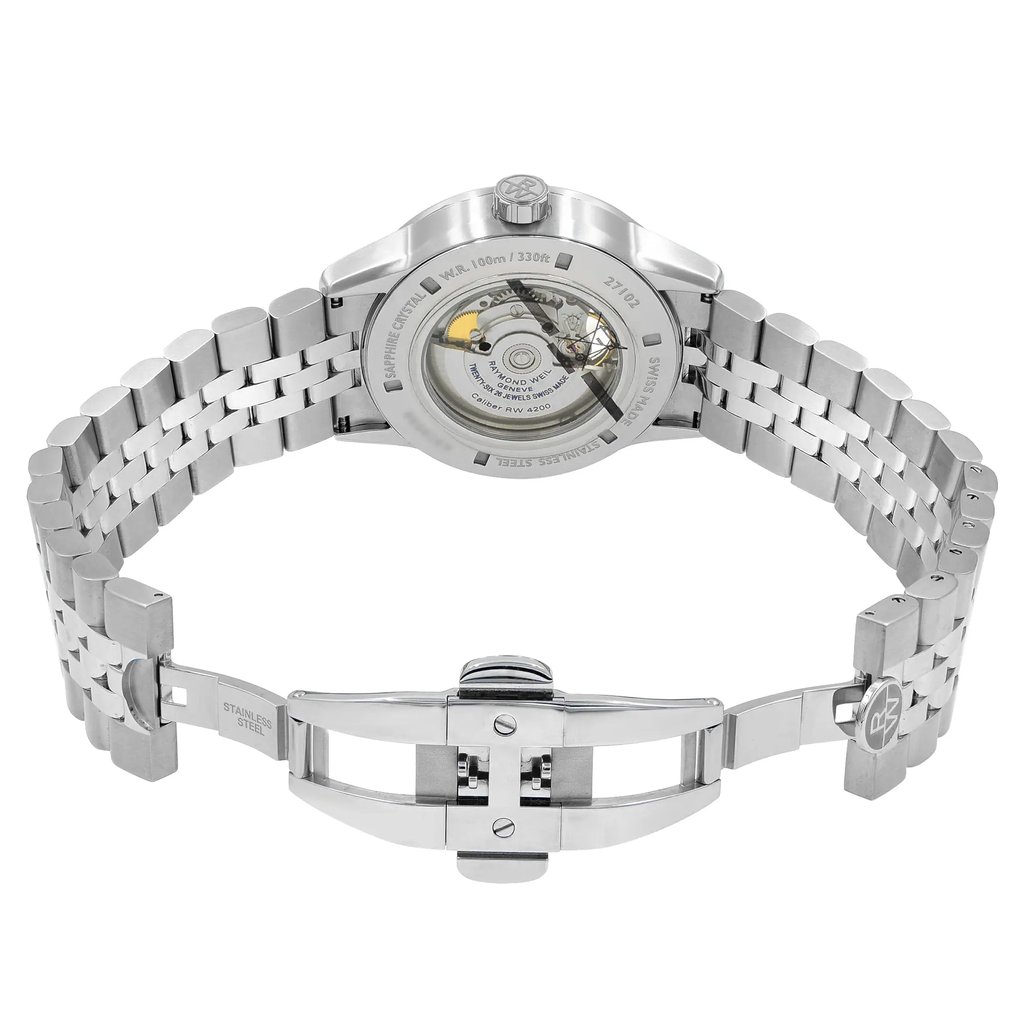 Back View Of Exhibition Back Case And Open Stainless Steel Band Of RAYMOND WEIL 2710-ST-65031 Watch New Condition