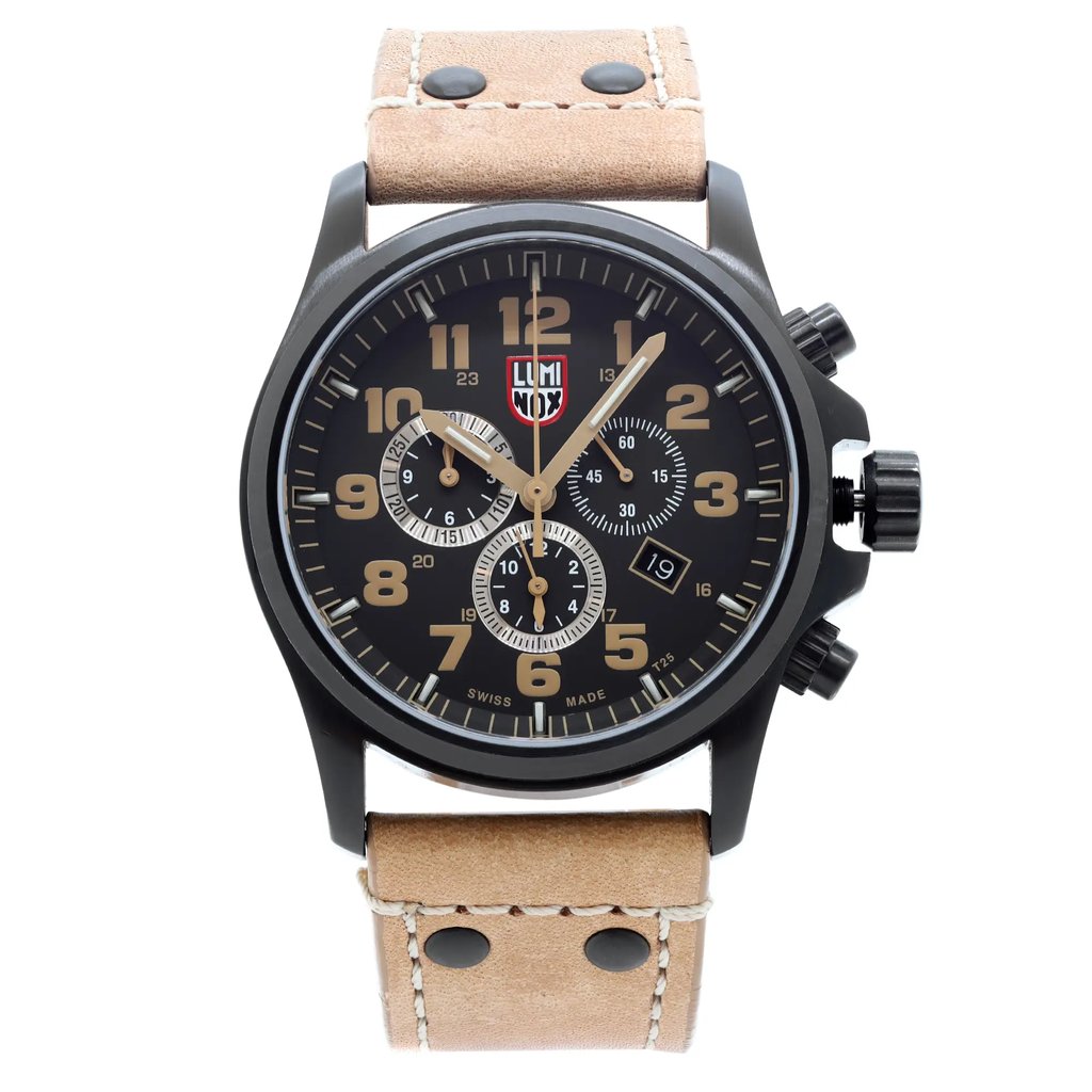 An image of a Wristwatch by Luminox. This Display Model item is designed for Men, featuring a Dress/Formal,Military style. It has a Quartz movement and an Analog display with a Black dial color. The indices include 12-Hour Dial,Arabic Numerals,Multi Dial. The band is made of Leather and the case is made of Stainless Steel. The watch has a Round shape with a case size of 45 mm and a case thickness of 14 mm.