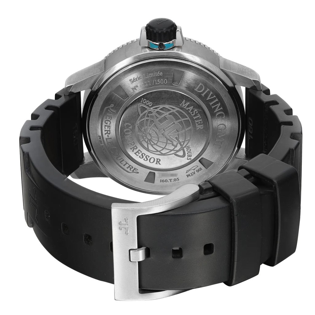 An image of a Wristwatch by Jaeger-LeCoultre. This Pre Owned item is designed for Men, featuring a Diver style. It has a Mechanical (Automatic) movement and an Analog display with a Black dial color. The indices include 12-Hour Dial,Stick Indexes. The band is made of Rubber and the case is made of Titanium. The watch has a Round shape with a case size of 44 mm and a case thickness of 16 mm.