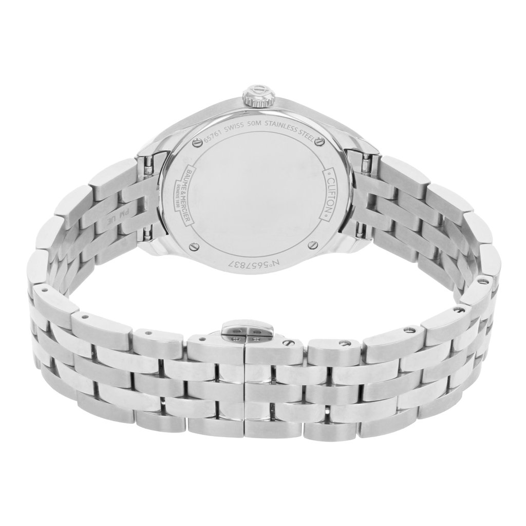 An image of a wristwatch taken from the back view, showcasing the closed clasp. The watch features a stainless steel band with a polished finish. The photo is captured at a close angle, highlighting the intricate links of the bracelet and the smooth surface of the watch’s back casing. The image emphasizes the craftsmanship of the display model wristwatch.