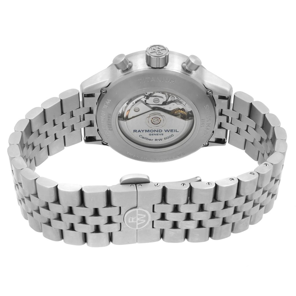 Back View Of Exhibition Back Case And Closed Titanium,Stainless Steel Band Of RAYMOND WEIL 7745-TI-05609 Watch Pre Owned Condition