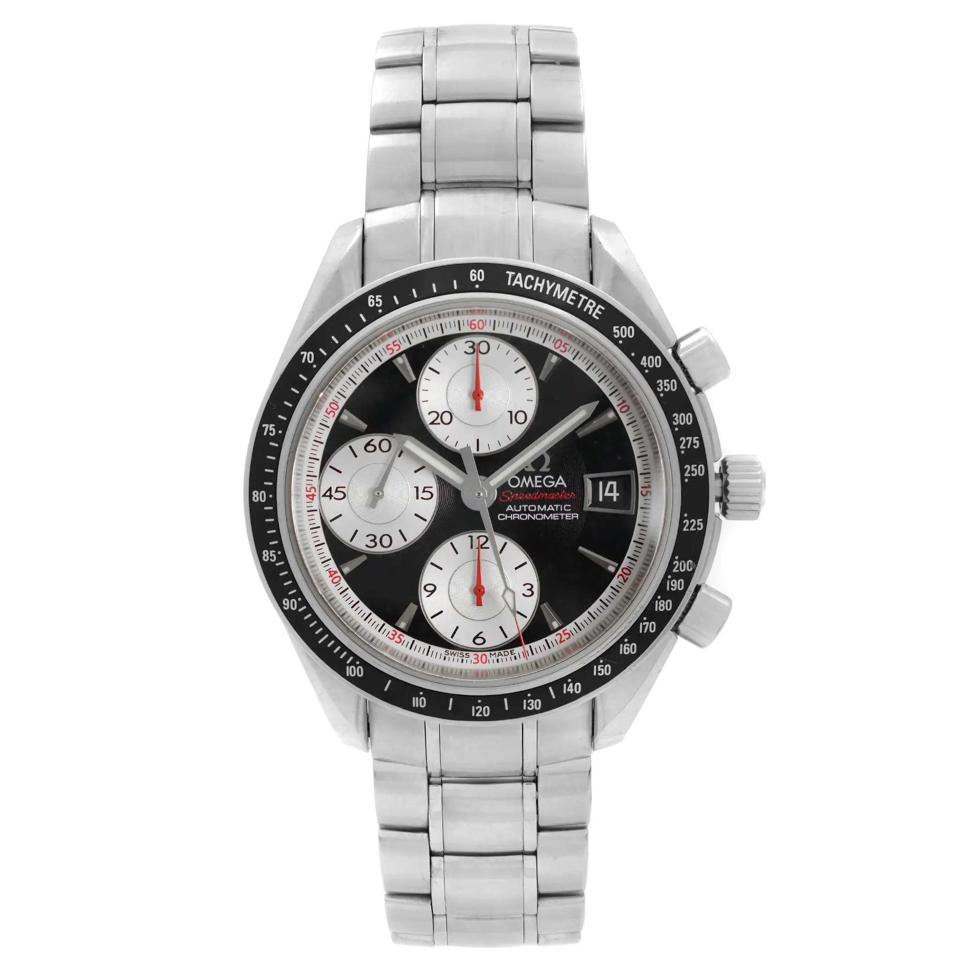 An image of a pre-owned OMEGA men's sport wristwatch in good condition, viewed from a full frontal angle showing the entire watch. The watch has a round stainless steel case and band, with a black dial featuring a concentric pattern. It includes a black bezel with tachymeter markings and minor scratches and dents. The dial has luminous hands, a date indicator at the 3 o'clock position, three subdials for chronograph functions, and stick indexes for hours with non-numeric hour marks. The OMEGA logo and the word "Speedmaster" are visible on the dial. The watch is positioned centrally and shot from a close distance, providing a clear and detailed view of its features.