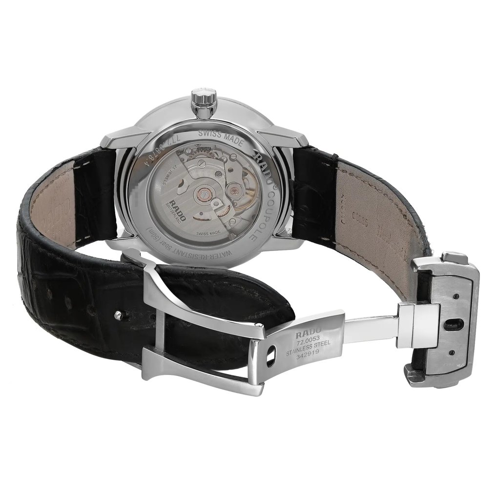An image of a Wristwatch by Rado. This Pre Owned item is designed for Men, featuring a Casual style. It has a Mechanical (Automatic) movement and an Analog display with a Silver dial color. The indices include 12-Hour Dial,Stick Indexes. The band is made of Stainless Steel and the case is made of Stainless Steel. The watch has a Round shape with a case size of 41 mm and a case thickness of 12 mm.