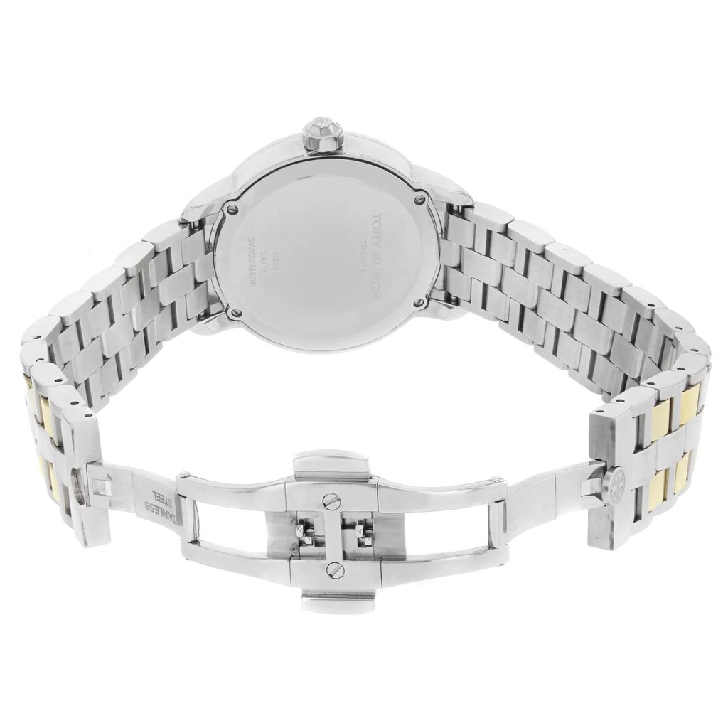 Back View Of Solid Back Case And Open Stainless and Solid Gold Band Of Tory Burch TRB1014 Watch Pre Owned Condition