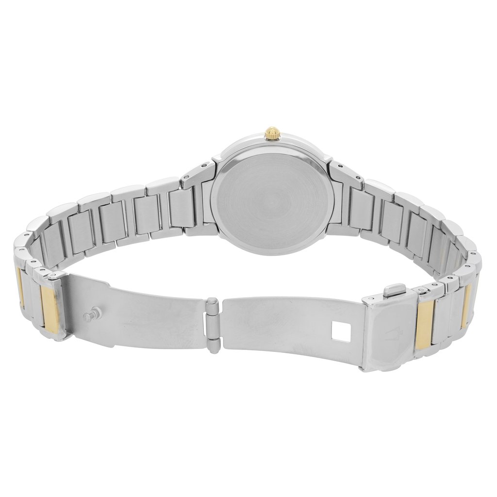 An image of a Bulova women's wristwatch, shown as a display model. The watch is positioned upside down and centered in the frame, with the bracelet extended and clasp open. Viewed from a top-down angle that highlights the back of the watch case and the inner side of the bracelet, the image is taken from a close distance, ensuring the entire watch is in view. The bracelet features silver and gold-toned links.
