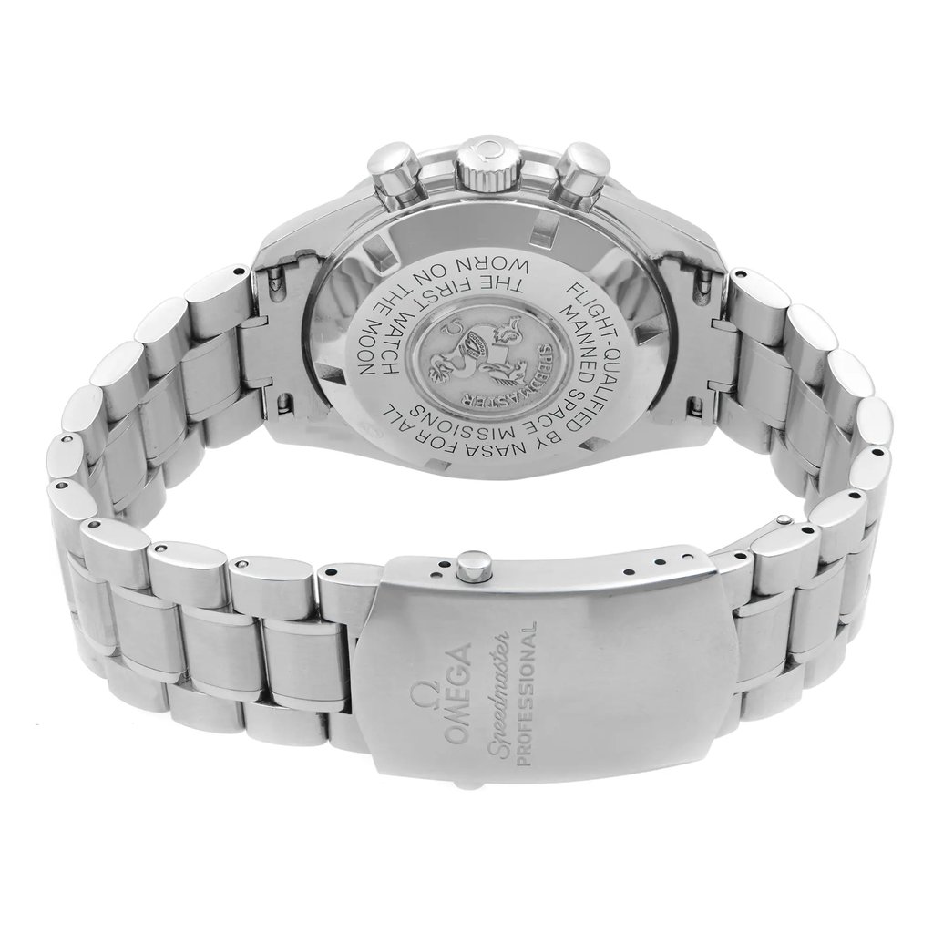 Back View Of Solid Back Case And Closed Stainless Steel Band Of OMEGA 3570.50.00 Watch Pre Owned Condition