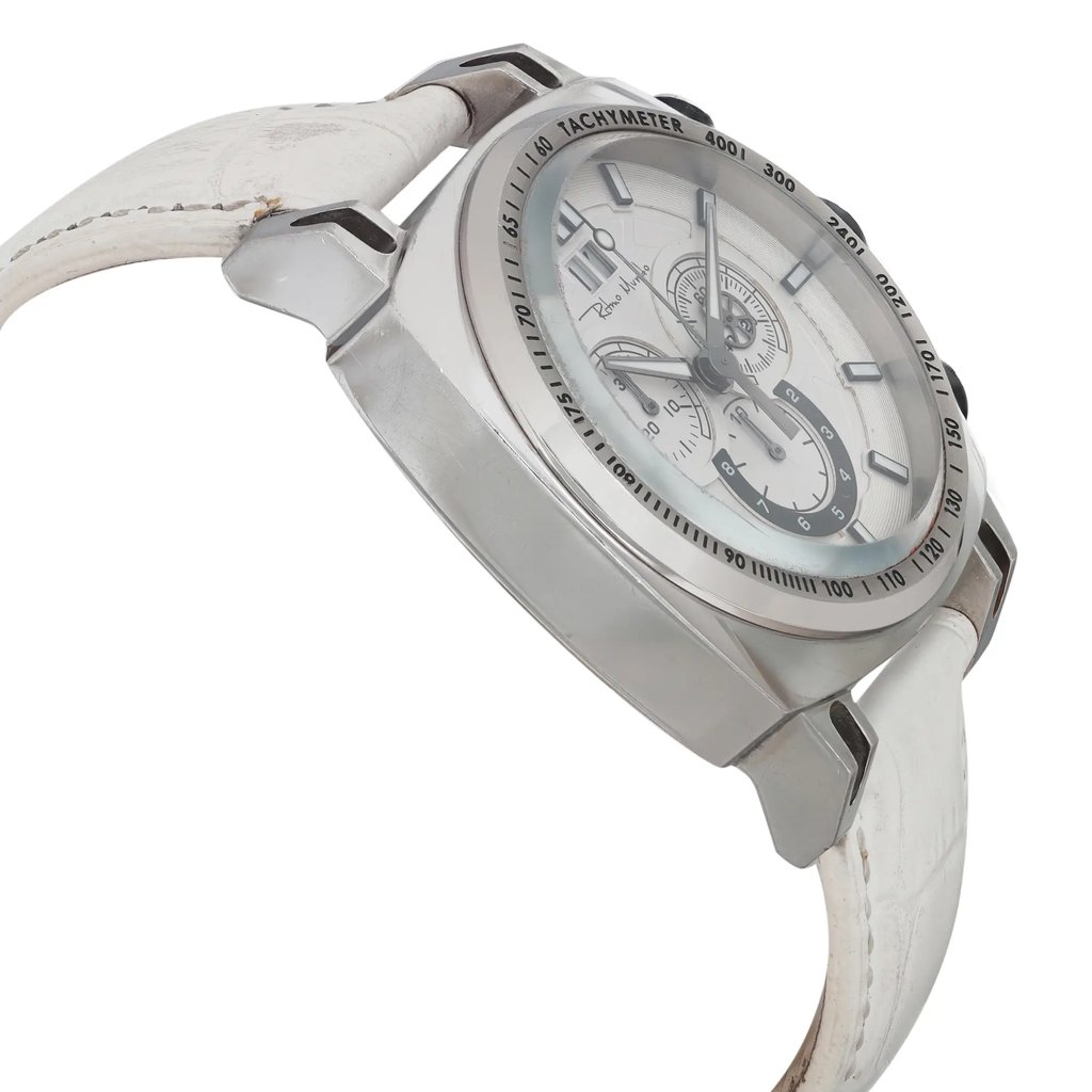 An image of a Wristwatch by Ritmo Mundo. This Pre Owned item is designed for Men, featuring a Casual style. It has a Quartz movement and an Analog display with a White dial color. The indices include 12-Hour Dial,Stick Indexes. The band is made of Leather and the case is made of Stainless Steel. The watch has a Round shape with a case size of 44 mm and a case thickness of 14 mm.