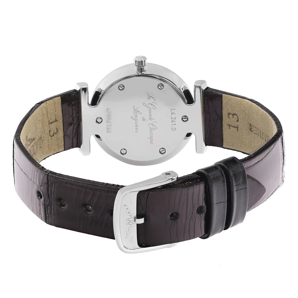 Back View Of Screwback Back Case And Closed Leather Band Of Longines L4.241.0.80.2 Watch Display Model Condition