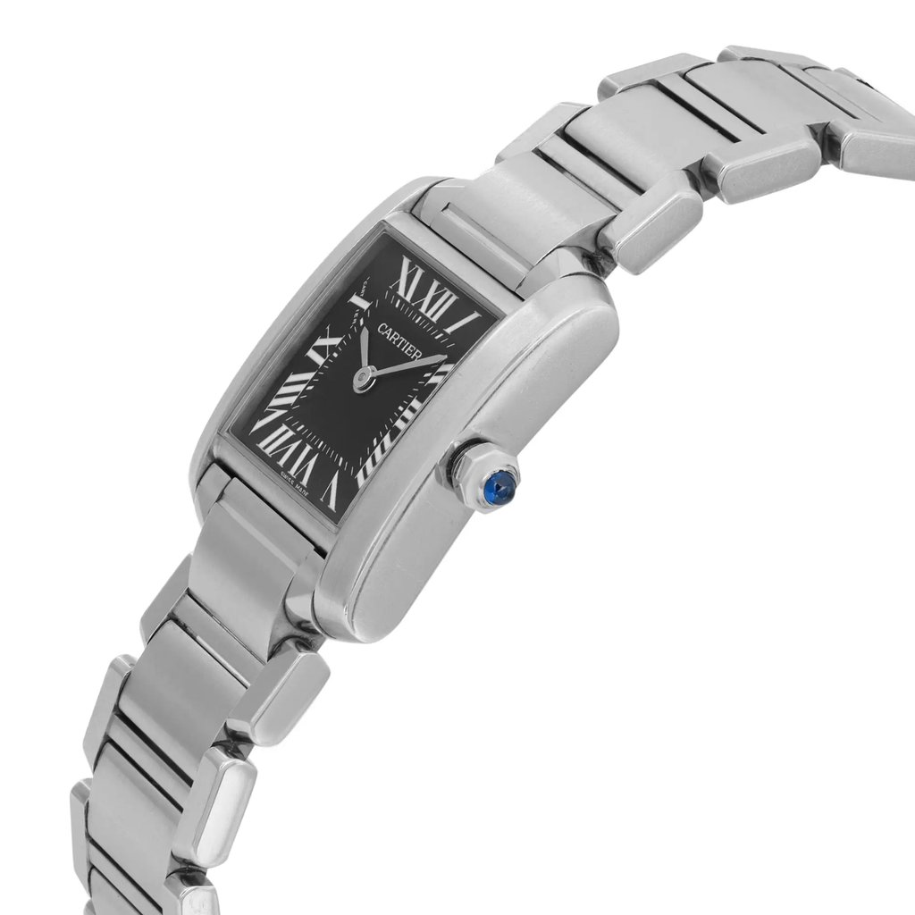 An image of a pre-owned wristwatch captured from a side profile view, showcasing the crown prominently. The watch features a rectangular face with a black dial and Roman numerals, encased in a polished metal frame. The metal bracelet is partially visible, highlighting its links. The angle and proximity focus on the watch's elegant design and craftsmanship.