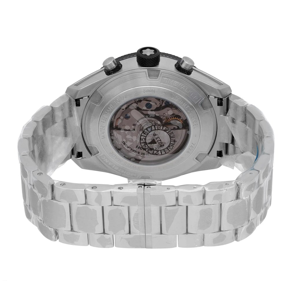 Back View Of Exhibition Back Case And Closed Stainless Steel Band Of Montblanc 116097 Watch Unworn Condition