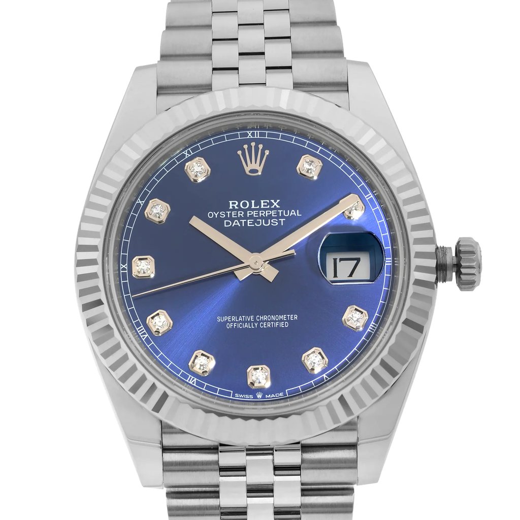 Up Close Front Facing Picture Of Rolex 126334BLDJ Stainless Steel Watch Display Model Condition