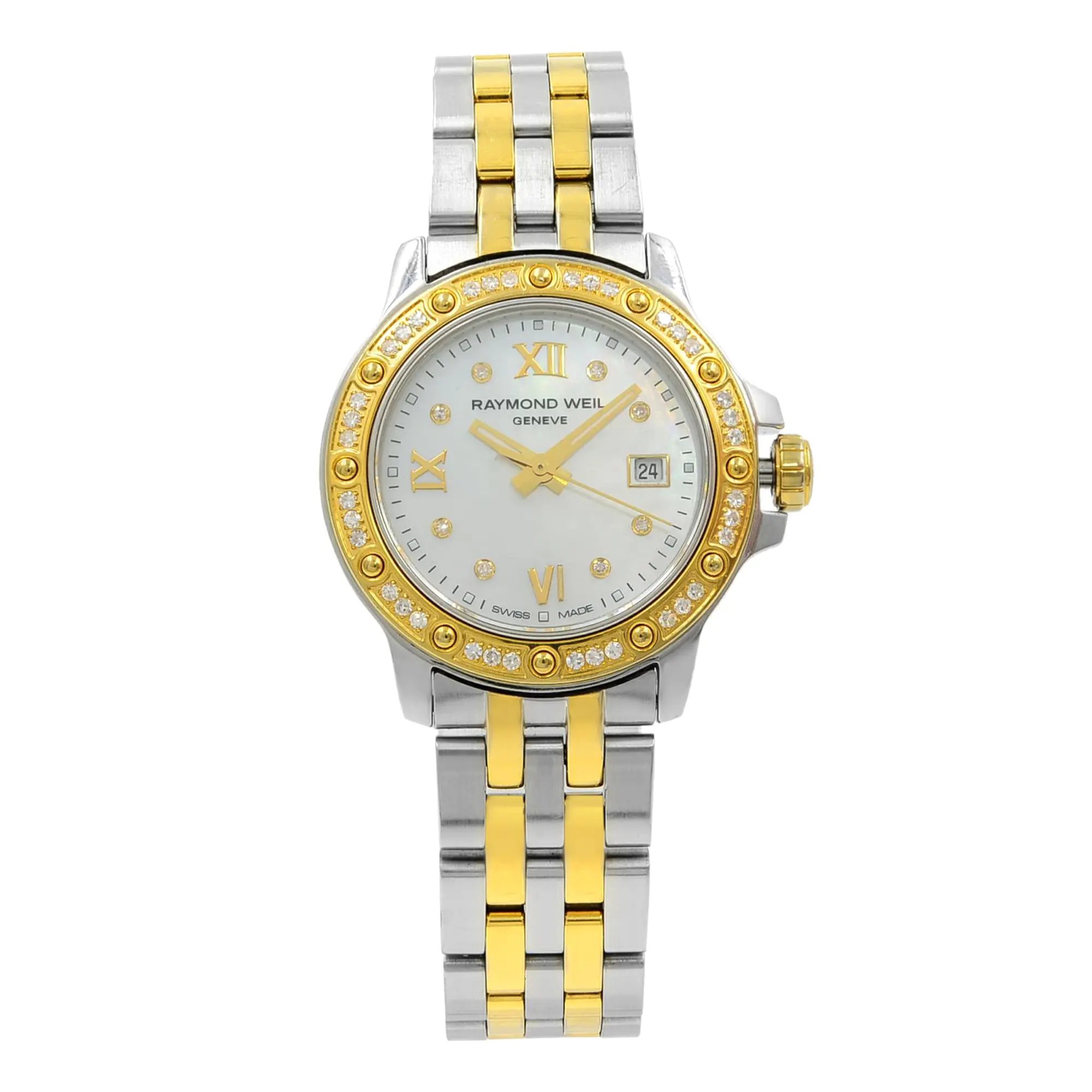 An image of a Wristwatch by RAYMOND WEIL. This Pre Owned item is designed for Women, featuring a Dress/Formal style. It has a Quartz movement and an Analog display with a Multicolor dial color. The indices include 12-Hour Dial,Diamond Markers,Roman Numerals. The band is made of Stainless Steel and the case is made of Stainless Steel. The watch has a Round shape with a case size of 28 mm and a case thickness of 7 mm.