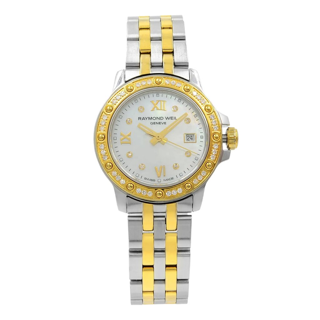 An image of a Wristwatch by RAYMOND WEIL. This Pre Owned item is designed for Women, featuring a Dress/Formal style. It has a Quartz movement and an Analog display with a Multicolor dial color. The indices include 12-Hour Dial,Diamond Markers,Roman Numerals. The band is made of Stainless Steel and the case is made of Stainless Steel. The watch has a Round shape with a case size of 28 mm and a case thickness of 7 mm.