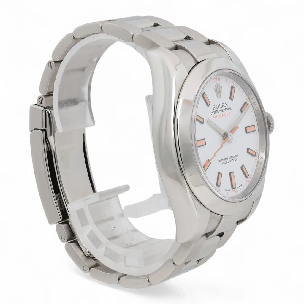 An image of a pre-owned men's Rolex wristwatch positioned at a slight angle, showcasing the left side and face of the watch. The watch features a stainless steel band and a white dial with luminous hands and hour markers. The photo is taken at a close distance, highlighting the details of the watch's design and condition.
