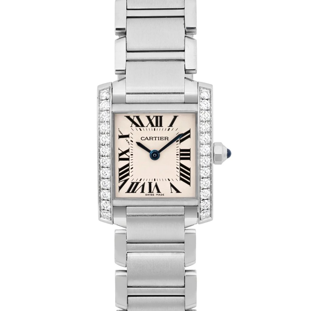 Up Close Front Facing Picture Of Cartier W4TA0008 Stainless Steel Watch Pre Owned Condition