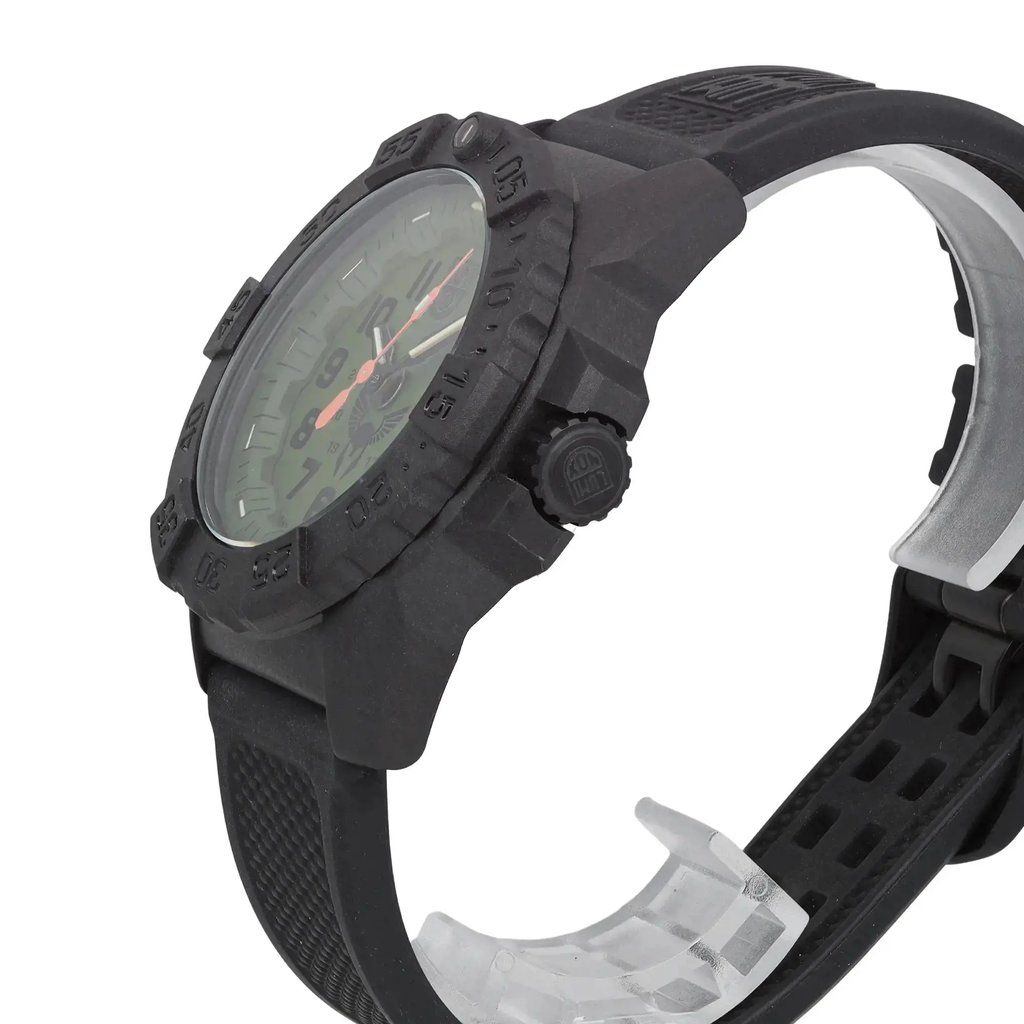 View Of Crown Facing Side Of Luminox XS.3501.BO.TV.SET Carbon Watch Display Model Condition