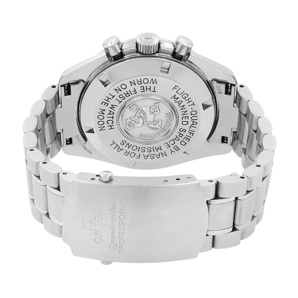 Back View Of Solid Back Case And Closed Stainless Steel Band Of OMEGA 3570.50.00 Watch Pre Owned Condition