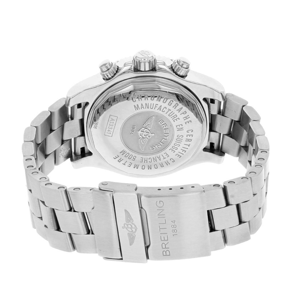 Back View Of {Caseback} Back Case And Closed Stainless Steel Band Of Breitling A1334102/BA85-SS Watch Display Model Condition