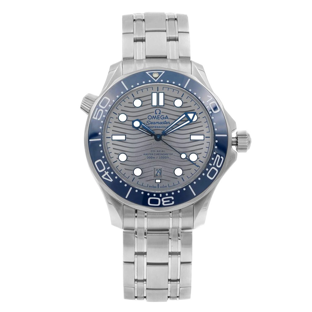 An image of a new wristwatch shown from a full frontal view. The watch features a metallic band and a detailed dial with blue accents. The image is taken from a close distance, highlighting the intricate design and craftsmanship of the watch face and bezel.
