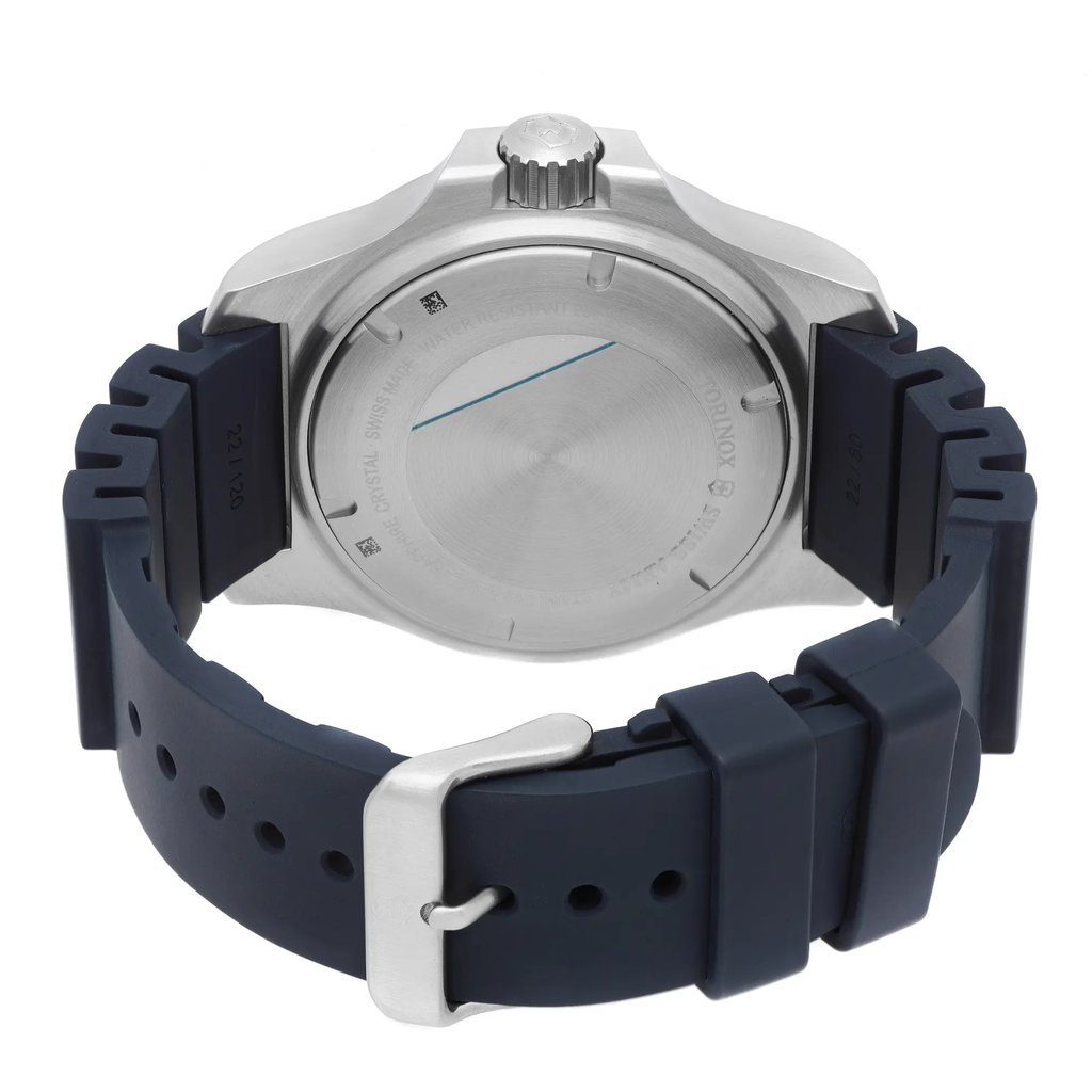 Back View Of Screwback Back Case And Closed Rubber Band Of Victorinox 241734 Watch Unworn Condition