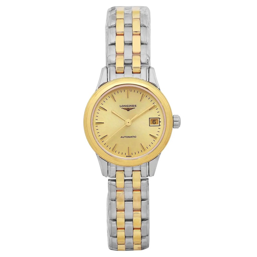 An image of a new wristwatch taken from a front full frontal view. The watch features a round, gold-colored face with a matching gold bezel, and a date display at the 3 o'clock position. The band consists of interwoven silver and gold links, providing a two-tone appearance. The watch is positioned upright, centered, and captured from a close distance, highlighting its elegant design and craftsmanship.