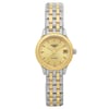 An image of a new wristwatch taken from a front full frontal view. The watch features a round, gold-colored face with a matching gold bezel, and a date display at the 3 o'clock position. The band consists of interwoven silver and gold links, providing a two-tone appearance. The watch is positioned upright, centered, and captured from a close distance, highlighting its elegant design and craftsmanship.