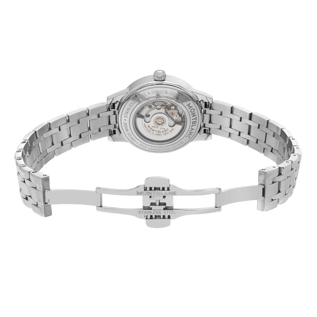 An image of a pre-owned Montblanc women's wristwatch, captured from the back view with an open butterfly clasp. The photograph is a close-up, showing the watch's round stainless steel case with an exhibition caseback, which reveals the internal mechanism. Hairline scratches are visible on the case back, indicative of storage wear. The stainless steel band is connected to the watch case and is positioned with the butterfly clasp open, laying flat and extending away from the bottom of the image. The watch features a date indicator, though it may not be visible in this view.