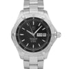 An image of a Wristwatch by TAG Heuer. This Pre Owned item is designed for Men, featuring a Dress/Formal style. It has a Mechanical (Automatic) movement and an Analog display with a Black dial color. The indices include 12-Hour Dial,Stick Indexes. The band is made of Stainless Steel and the case is made of Stainless Steel. The watch has a Round shape with a case size of 41 mm and a case thickness of 12 mm.