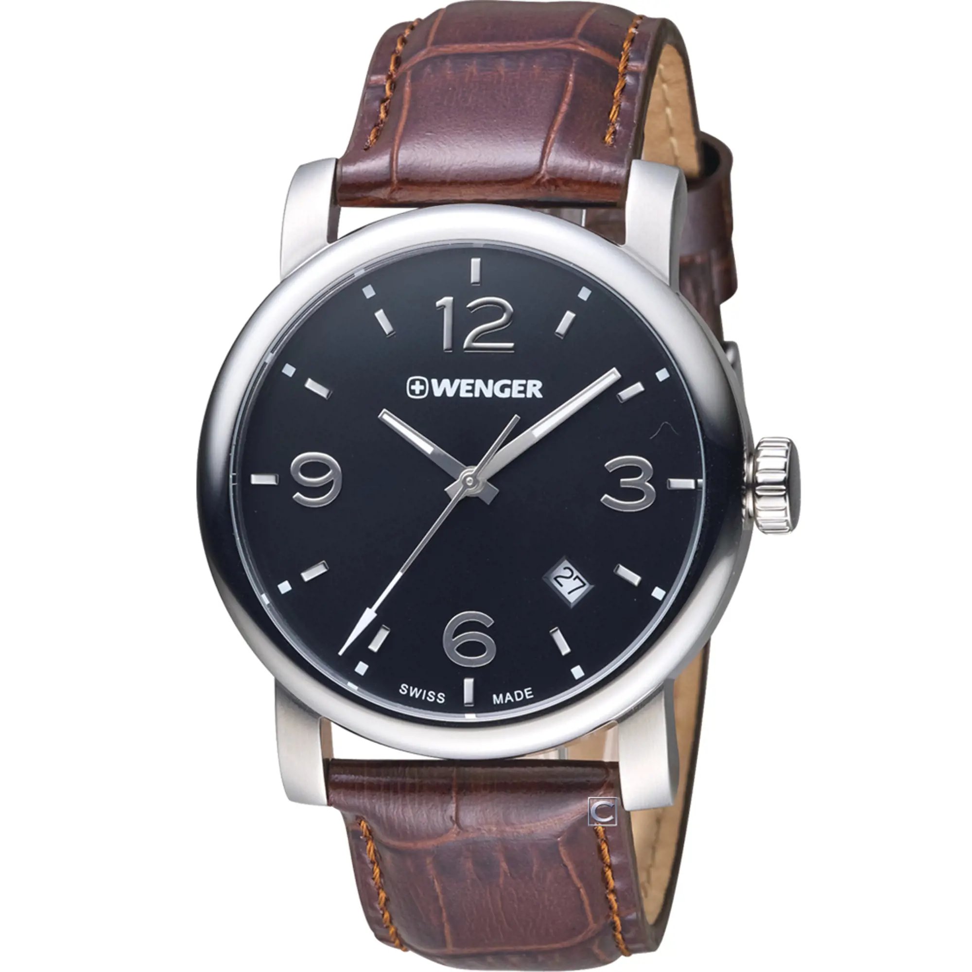 An image of a Wristwatch by Wenger. This Display Model item is designed for Men, featuring a Classic style. It has a Quartz movement and an Analog display with a Black dial color. The indices include 12-Hour Dial,Arabic Numerals,Stick Indexes. The band is made of Leather and the case is made of Stainless Steel. The watch has a Round shape with a case size of 41 mm and a case thickness of 10 mm.