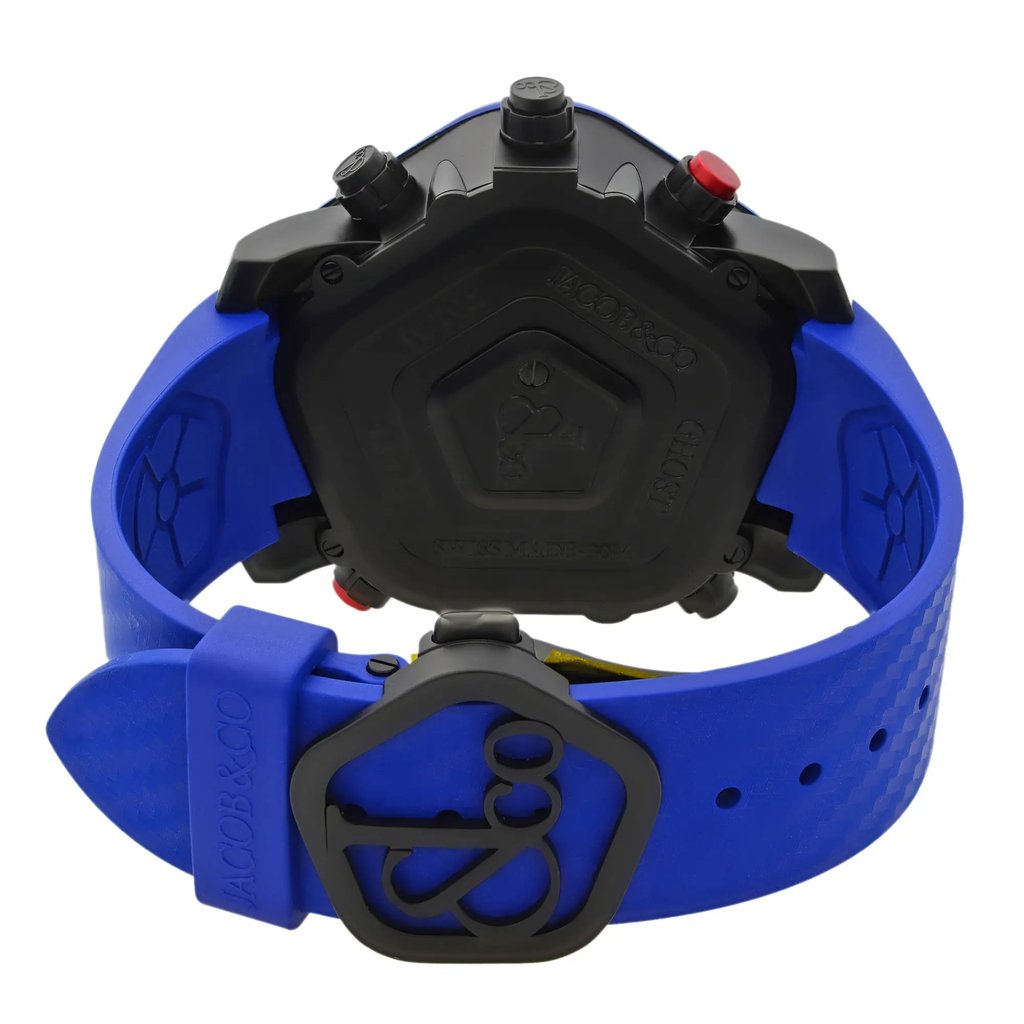 Back View Of Solid Back Case And Closed Rubber,Silicone Band Of JACOB & Co. GH100.11.NS.PC.ANE4D Watch Unworn Condition