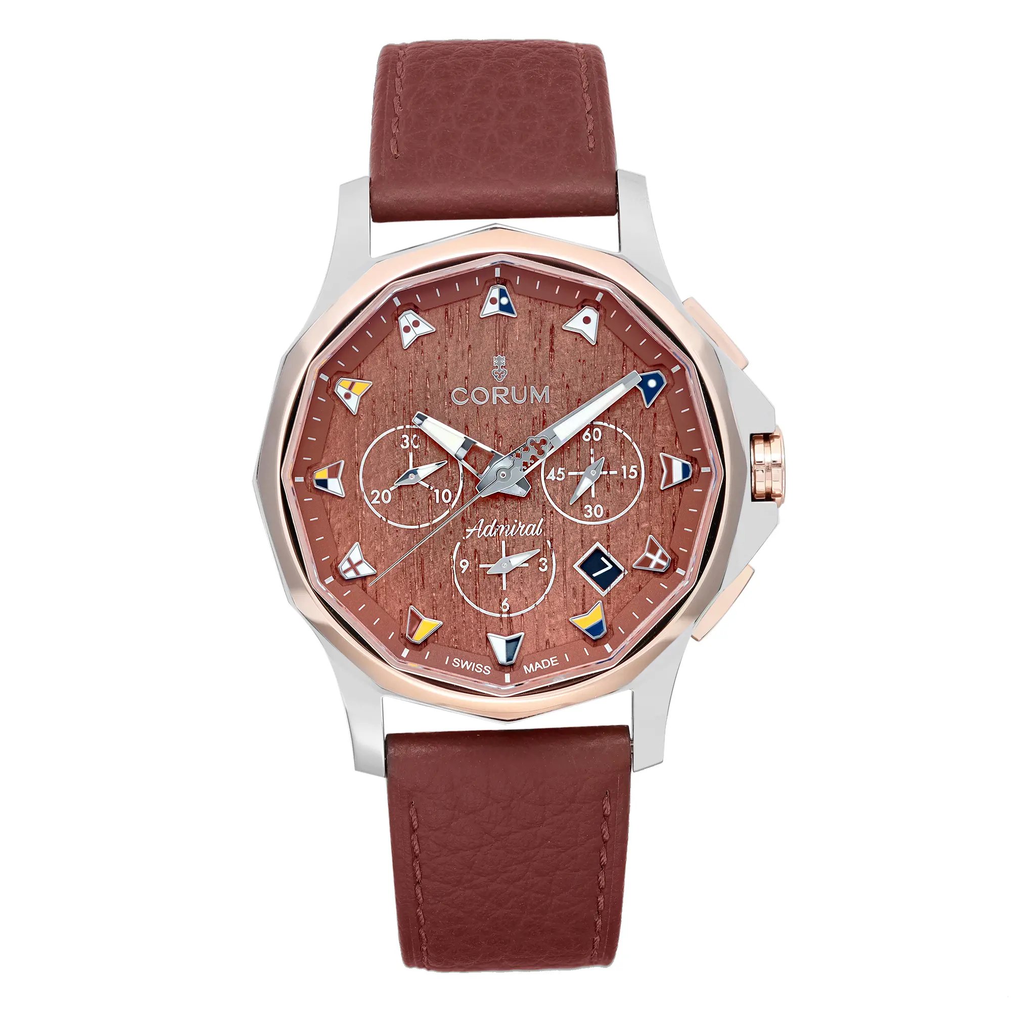 An image of a Wristwatch by Corum. This Display Model item is designed for Men, featuring a Luxury style. It has a Mechanical (Automatic) movement and an Analog display with a Brown dial color. The indices include 12-Hour Dial,Arrow Markers. The band is made of Leather and the case is made of Stainless Steel. The watch has a Round shape with a case size of 42 mm and a case thickness of 13 mm.