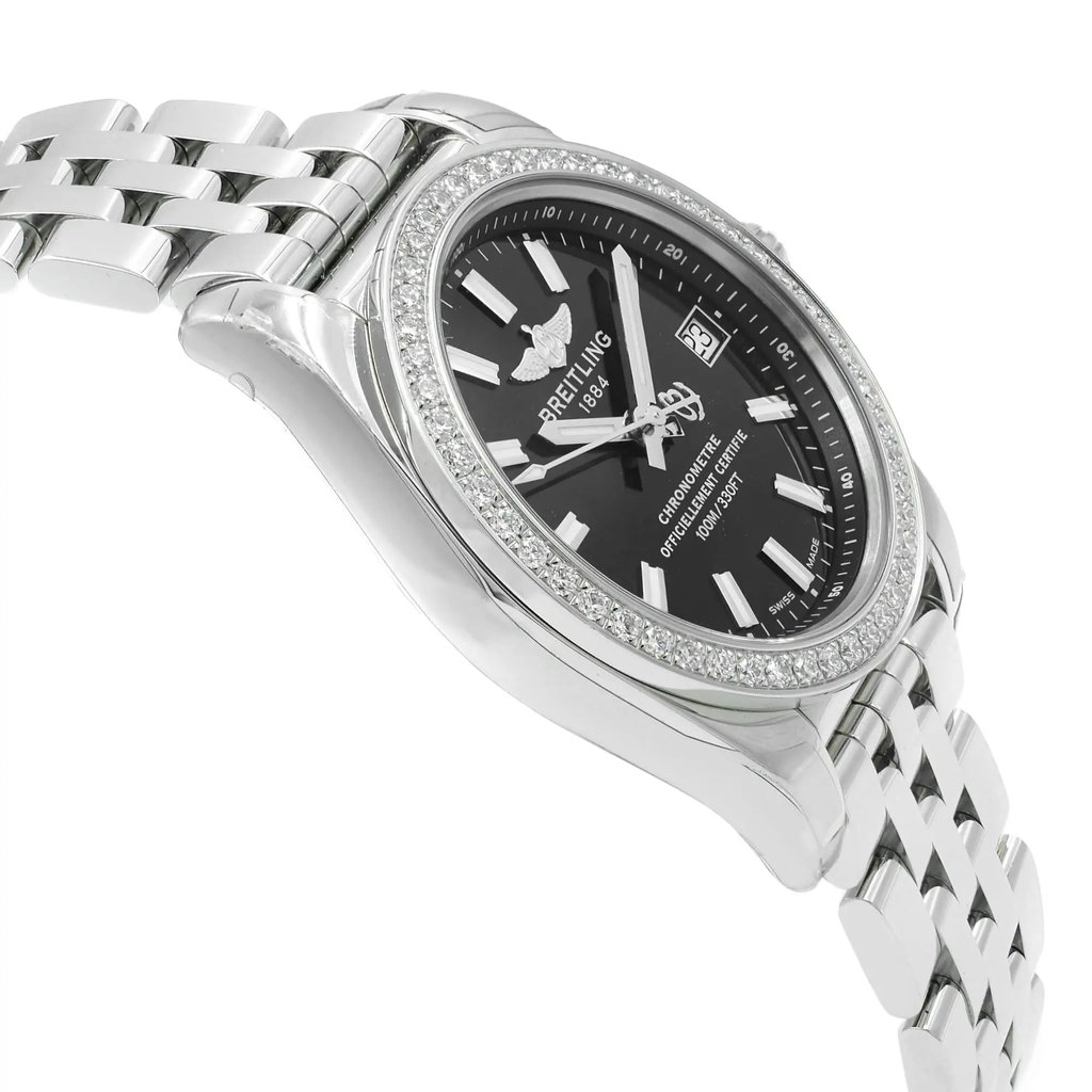 View Of Opposite Crown Facing Side Of Breitling A7433053/BE08-376A Stainless Steel Watch Display Model Condition