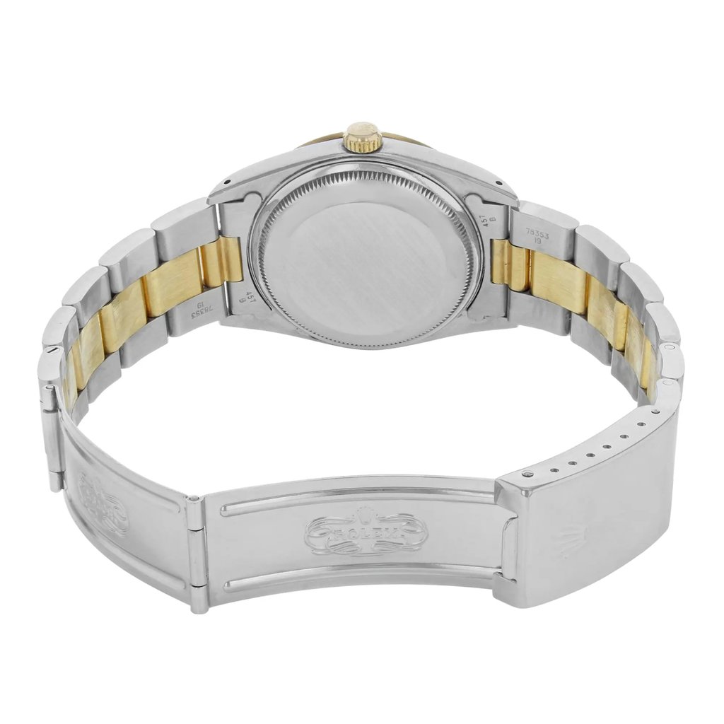 Back View Of {Caseback} Back Case And Open Stainless and Solid Gold Band Of Rolex 15203 Watch Pre Owned Condition
