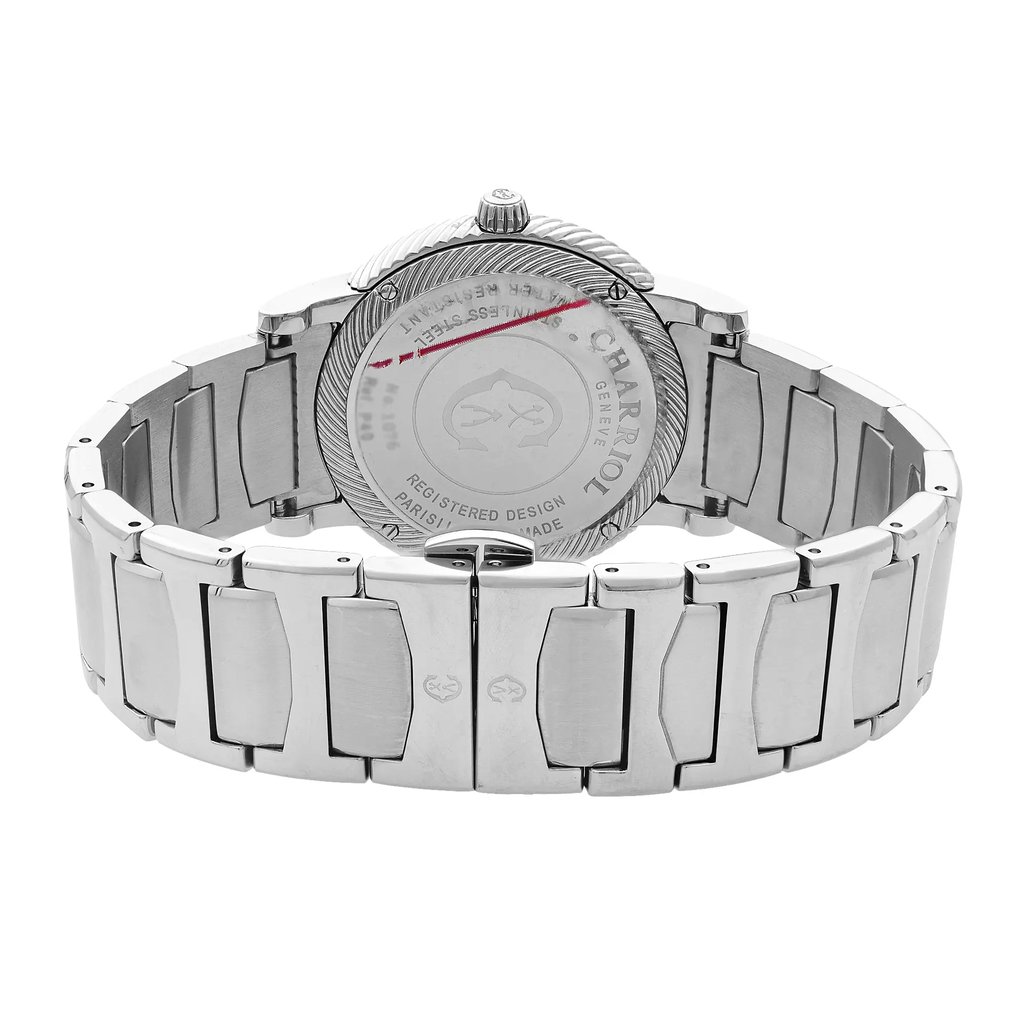 An image of a wristwatch showcasing the back view, focusing on the closed clasp. The watch features a metallic bracelet with a polished finish, displayed at a slight angle to highlight the intricate design of the links. The image is taken from a close distance, allowing for a detailed view of the brand engraving and design elements on the case back. The watch is in display model condition.