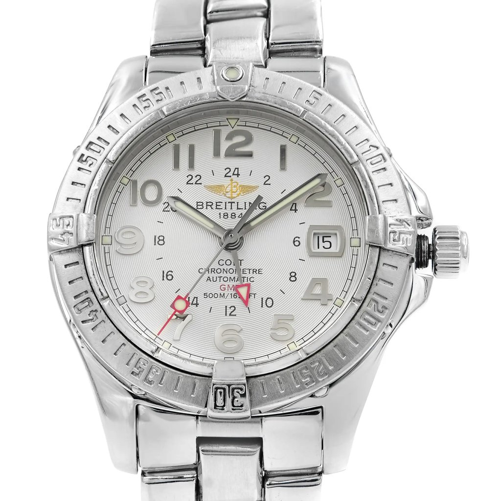 Up Close Front Facing Picture Of Breitling A32350 Stainless Steel Watch Pre Owned Condition