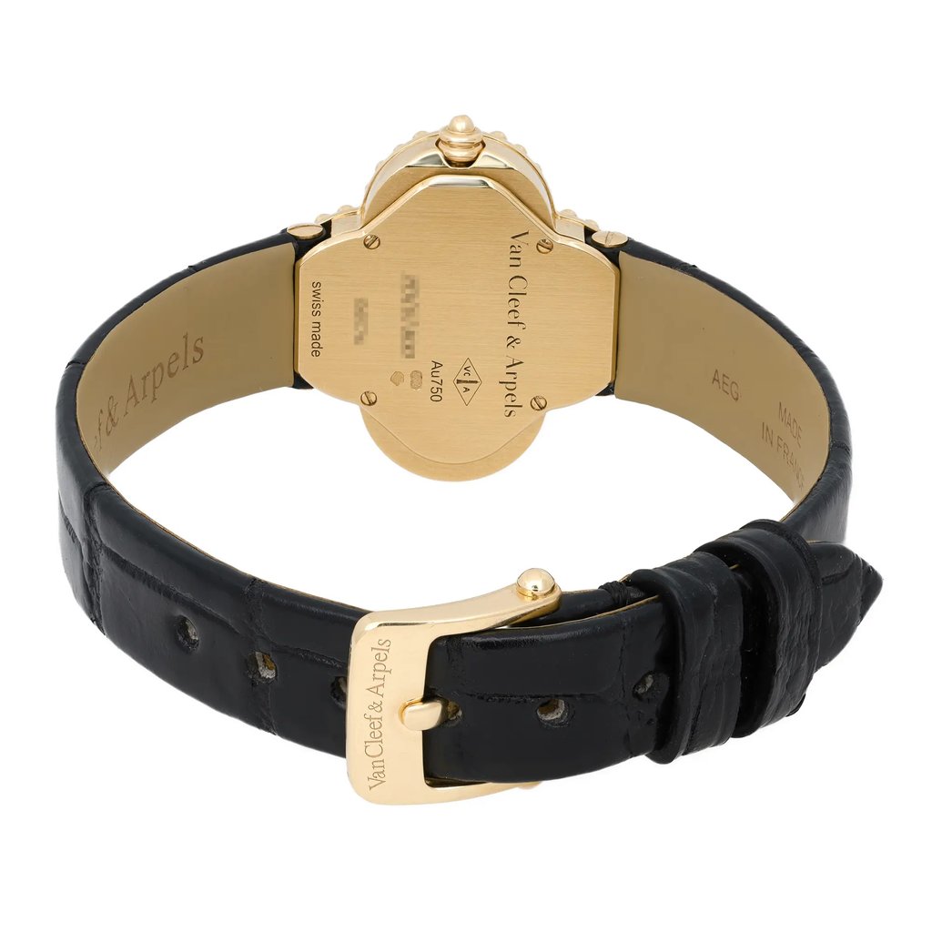 Back View Of Screwback Back Case And Closed Leather Band Of Van Cleef & Arpels VCARD21900 Watch Pre Owned Condition