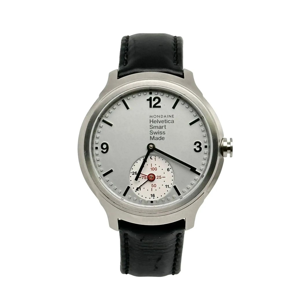 An image of a Wristwatch by Mondaine. This Pre Owned item is designed for Men, featuring a Casual,Classic,Dress/Formal style. It has a Quartz movement and an Analog display with a Gray dial color. The indices include 12-Hour Dial,Non-Numeric Hour Marks,Stick Indexes. The band is made of Leather and the case is made of Stainless Steel. The watch has a Round shape with a case size of 43 mm and a case thickness of 11 mm.