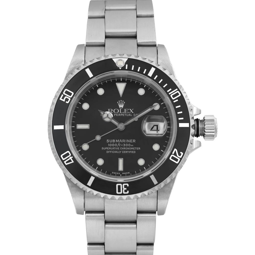 An image of a pre-owned wristwatch, featuring a close-up front shot of the watch face. The watch has a metallic band and a black dial with luminescent markers and hands. The bezel is marked with numerals, and there is a date magnification window at the three o'clock position. The watch is positioned centrally, filling the frame, showcasing its details clearly.