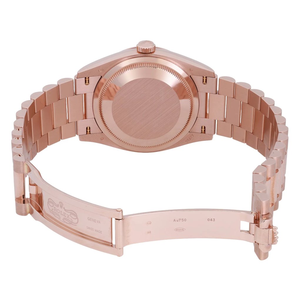 Back View Of Solid Back Case And Open Rose Gold Band Of Rolex 128235-0041 Watch New Condition