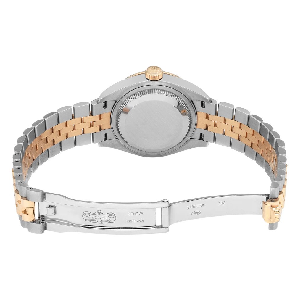 Back View Of Solid Back Case And Open Stainless Steel,Gold Band Of Rolex 279383RBR Watch Pre Owned Condition