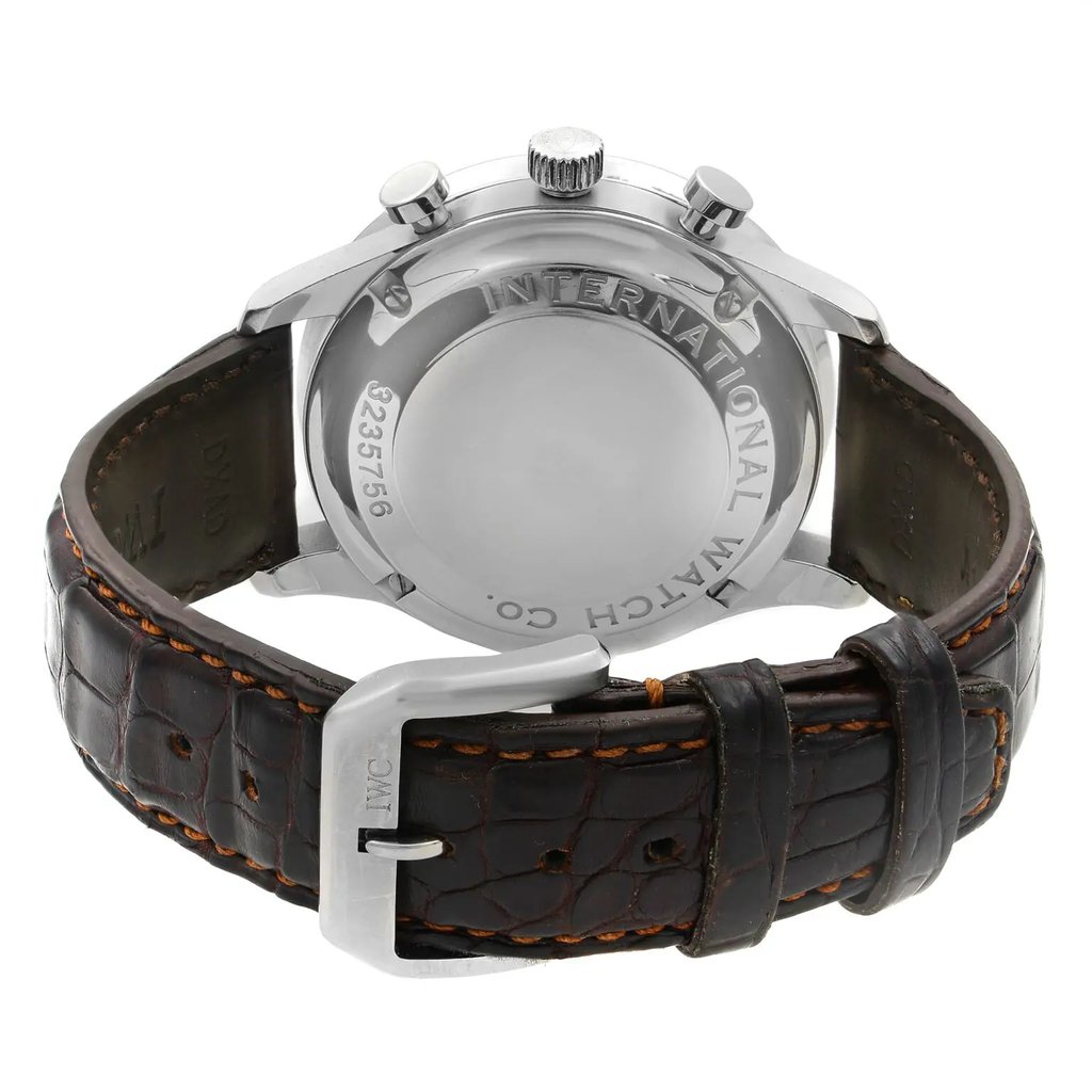 Back View Of {Caseback} Back Case And Closed Leather Band Of IWC IW371445 Watch Pre Owned Condition