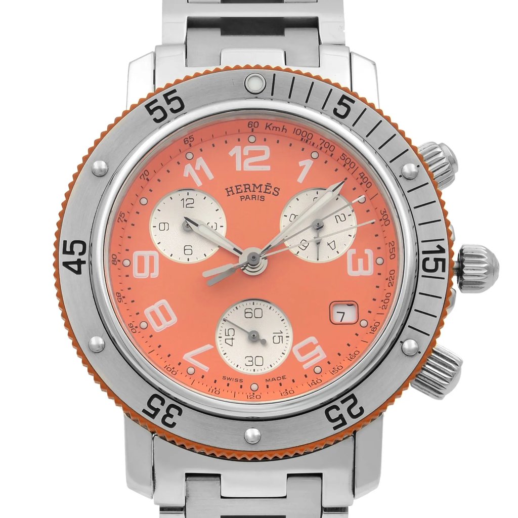 Up Close Front Facing Picture Of Hermes CL2.916 Stainless Steel Watch Pre Owned Condition